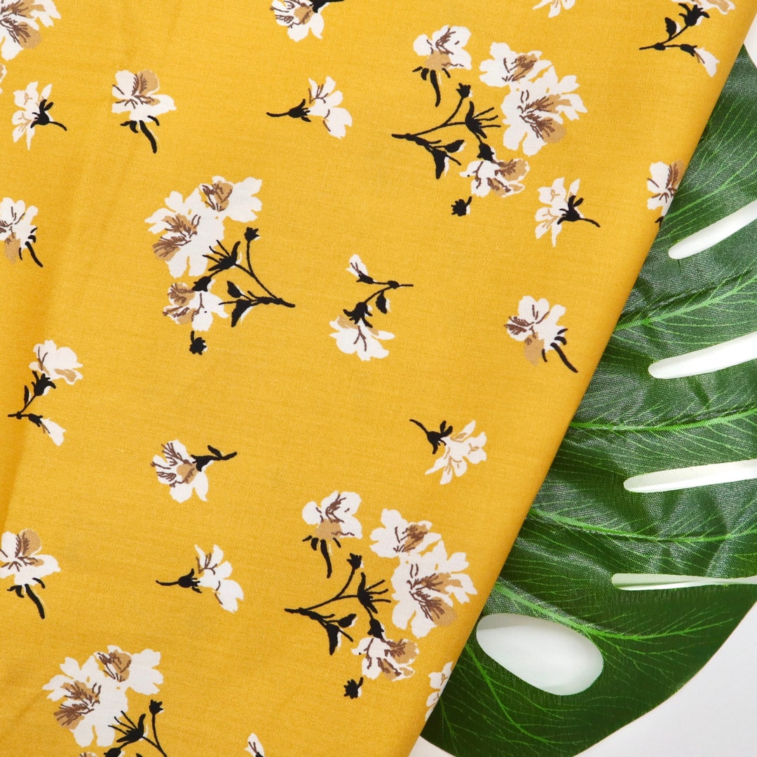 Vintage Style Cotton Fabric White Flower Printed on Yellow Etsy