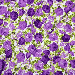 Vintage Purple Rose Cotton Fabric - Purple Roses Vintage Style Print on White Background Fabric, Rose Print Fabric, Cotton Fabric by Yard