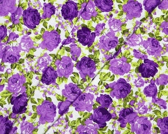 Tela de algodón con estampado de rosas moradas estilo vintage: tela floral cortada a medida