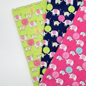 Cute Chubby Elephants Cotton Fabric - Elephants Printed on Hot Pink, Bright Green, Navy Blue Background Fabric, Cotton Fabric by the Yard