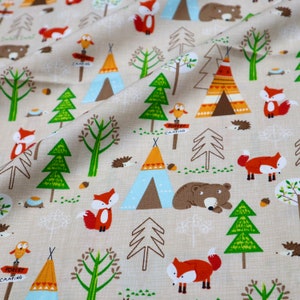 Animal Camping Cotton Fabric - Animal Printed Fabric, Camp Cotton Fabric, Lovely Animal in Forest Fabric, Quilting Fabric by the Yard