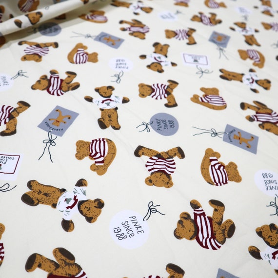 Teddy Bear Cotton Fabric Cute Teddy Bear Printed on White Etsy