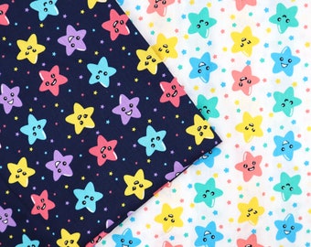 Cute Smiling Star Cotton Fabric - Colorful Stars printed on White, Navy blue background fabric, Starry Fabric, quilting fabric by the yard