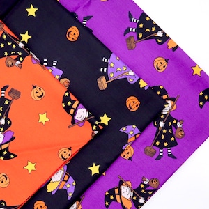 Halloween Fabric - Cute Witch with Pumpkin Printed on Black, Orange, Purple Background Cotton Fabric, Witch Fabric, Quilting Fabric by Yard