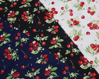 Red Cherry Print Cotton Fabric – Dark Blue, White, Black Background