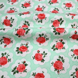 Sweet Red Rose Cotton Fabric - Red Roses on Green Background Fabric, Rose Printed Cotton Fabric, Cute Fabric, Quilting Cotton Fabric by Yard