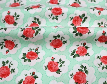 Red Rose Cotton Fabric – Vintage Floral Print, Quilting Fabric by Yard