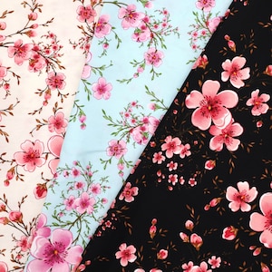 Beautiful Sakura Cotton Fabric - Sakura Flowers Printed on Black, Blue, Yellow White Background Fabric, Quilting Cotton Fabric by Yard