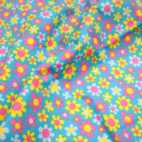 Colorful Flower Cotton Fabric - Cute Colorful Flower Printed on Light Blue Background, Flower Cotton Fabric, Quilting Cotton Fabric by Yard