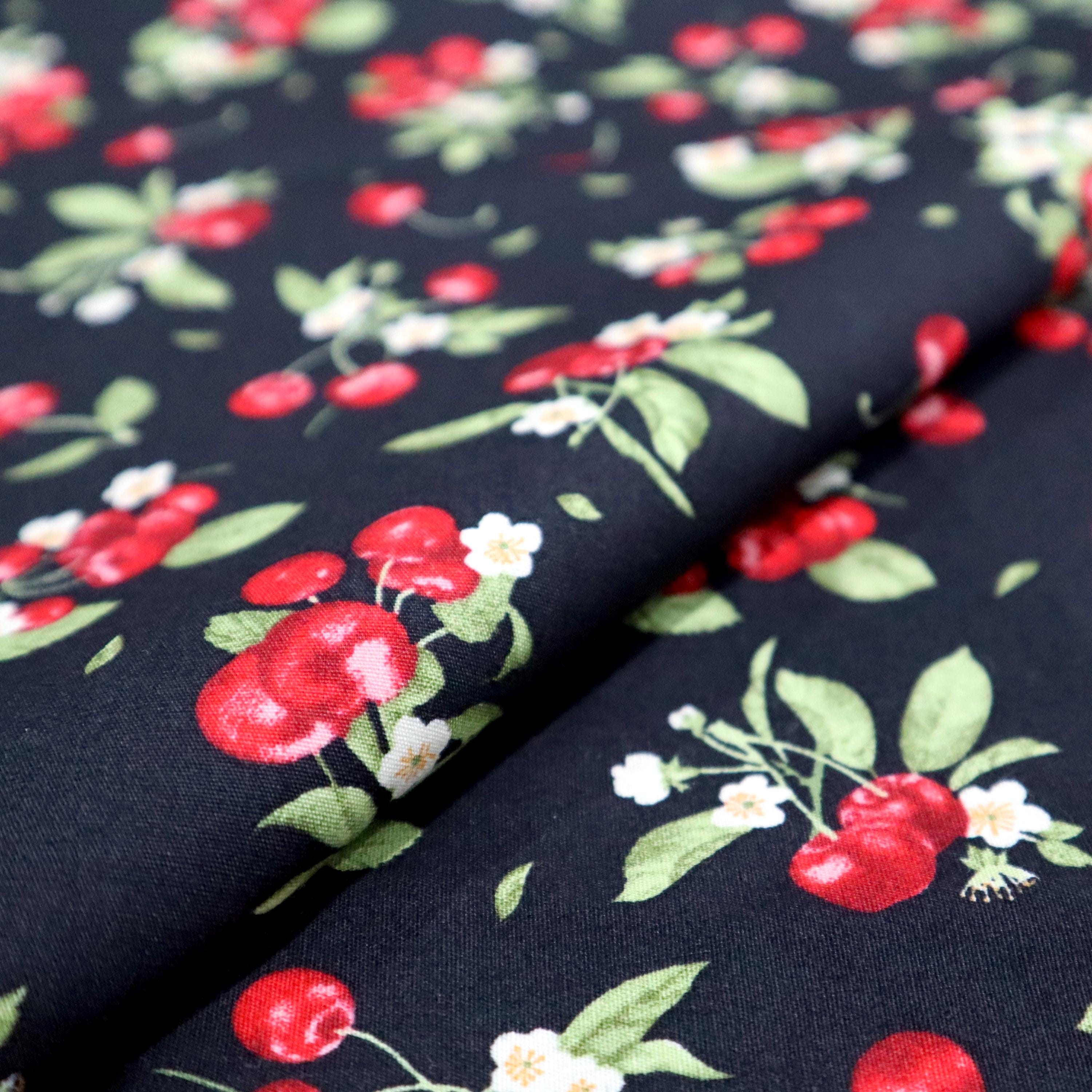Tissu Coton Imprimé Cerises Rouges Sur Fond Noir - 1.10m X 0.98m - Neuf