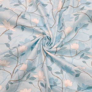 Floral Cotton Fabric - White Flower on Light Blue Background Fabric, Flower Fabric, Floral Fabric, Quilting Cotton Fabric by Yard