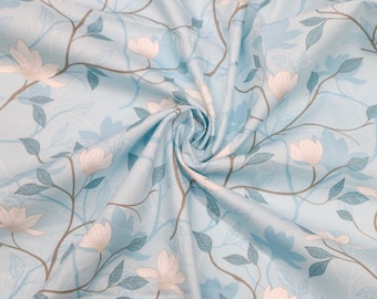 Floral Cotton Fabric - Light Blue Botanical Print, Quilting Material