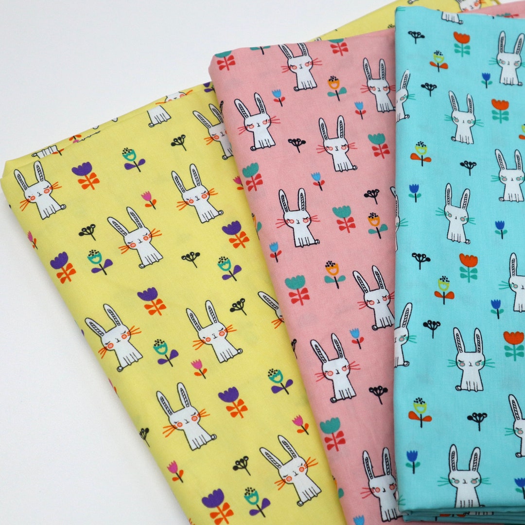Lovely White Bunny Cotton Fabric Cute Rabbit Printed on Pink, Blue