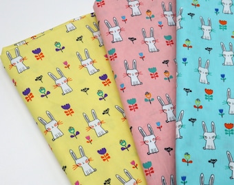 Lovely White Bunny Cotton Fabric - Cute Rabbit Printed on Pink, Blue, Yellow Background Fabric, Bunny Fabric, Rabbit Fabric by the Yard