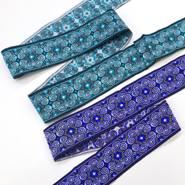 1 Yards of 1 1/4inch wide : Turquoise , Blue Flower Jacquard Ribbon Trim, Thai Jacquard Trim, Hmong Trim ,Asian Jacquard Trim