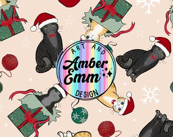 Archivo sin costuras de gatos navideños, patrón sin costuras lindo gatito gato de Navidad, papel sin costuras de Navidad, impresión digital de gatos, patrón de vacaciones