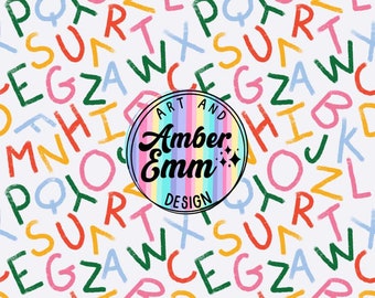May include: A white background with a colourful alphabet pattern. The letters are in different colours and styles. A circular logo with the text "Art and Amber Emm Design" is in the centre of the image.