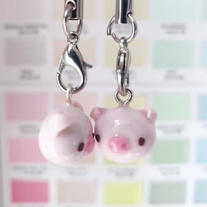Pig Charm, Cute Polymer Clay, Keychain Miniature Tiny Kawaii Necklace Jewelry Gift Stitch Marker Pastel Pink Cheeky Piglet Head Animal Piggy