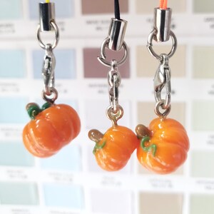 May include: Three orange pumpkin charms with green stems and leaves hanging from silver chains. The charms are attached to black, yellow, and orange cords.