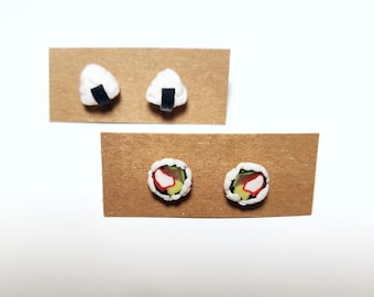 Onigiri Rice Ball California Roll Stud Boucles d’oreilles Sushi Japonais Pâte Polymère, Bijoux Miniatures Kawaii Minuscule Mignon, Nourriture aux algues asiatiques Fait à la main