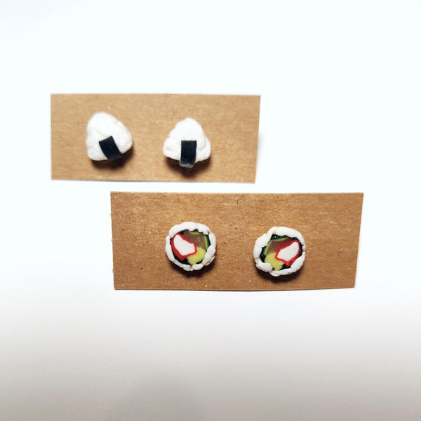 Onigiri Rice Ball California Roll Stud Earrings Japanese Sushi Polymer Clay, Miniature Jewelry Kawaii Tiny Cute, Asian Seaweed Food Handmade