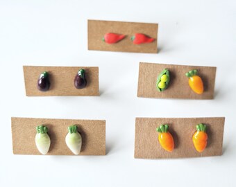 Eggplant Carrot Daikon White Radish Pea Pepper Stud Earrings, Cute Veggie Vegetable Polymer Clay, Miniature Jewelry Tiny Food Gift Handmade