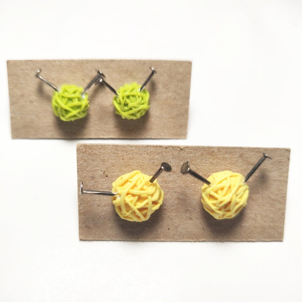 Knitting Needle Yarn Stud Earrings Cute Polymer Clay Miniature Jewelry Kawaii Tiny Yellow Green Soft Cottage Core Handmade Quirky Cheeky