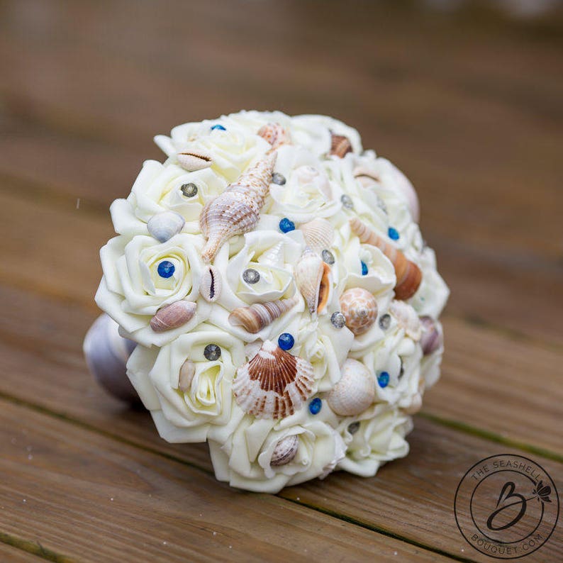 alternative bridal bouquet beach inspired wedding royal blue and silver gray seashell bouquet bridal beach bouquet Beach wedding bouquet