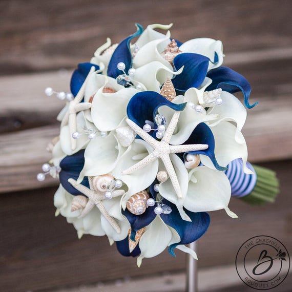 Nautical Wedding Bouquet Seashell Bouquet Navy Blue Calla Etsy