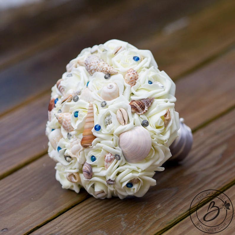 alternative bridal bouquet beach inspired wedding royal blue and silver gray seashell bouquet bridal beach bouquet Beach wedding bouquet