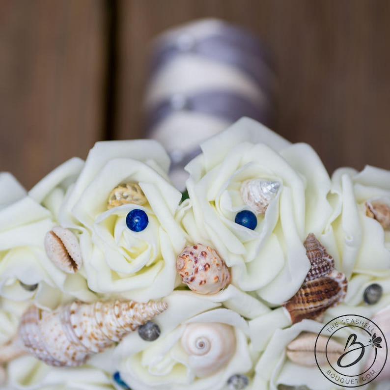 alternative bridal bouquet beach inspired wedding royal blue and silver gray seashell bouquet bridal beach bouquet Beach wedding bouquet
