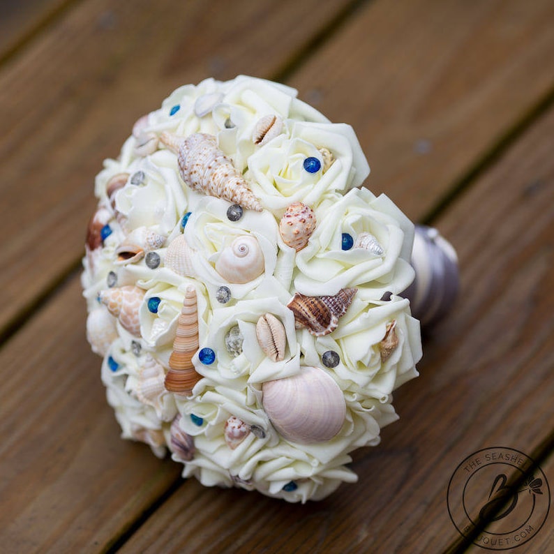 alternative bridal bouquet beach inspired wedding royal blue and silver gray seashell bouquet bridal beach bouquet Beach wedding bouquet