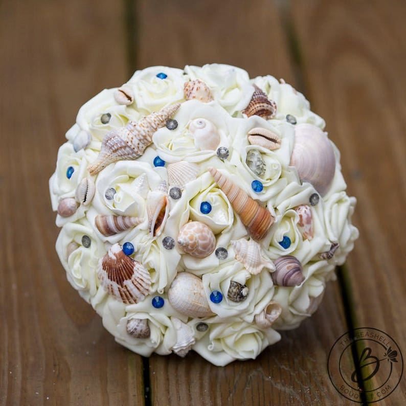 alternative bridal bouquet beach inspired wedding royal blue and silver gray seashell bouquet bridal beach bouquet Beach wedding bouquet