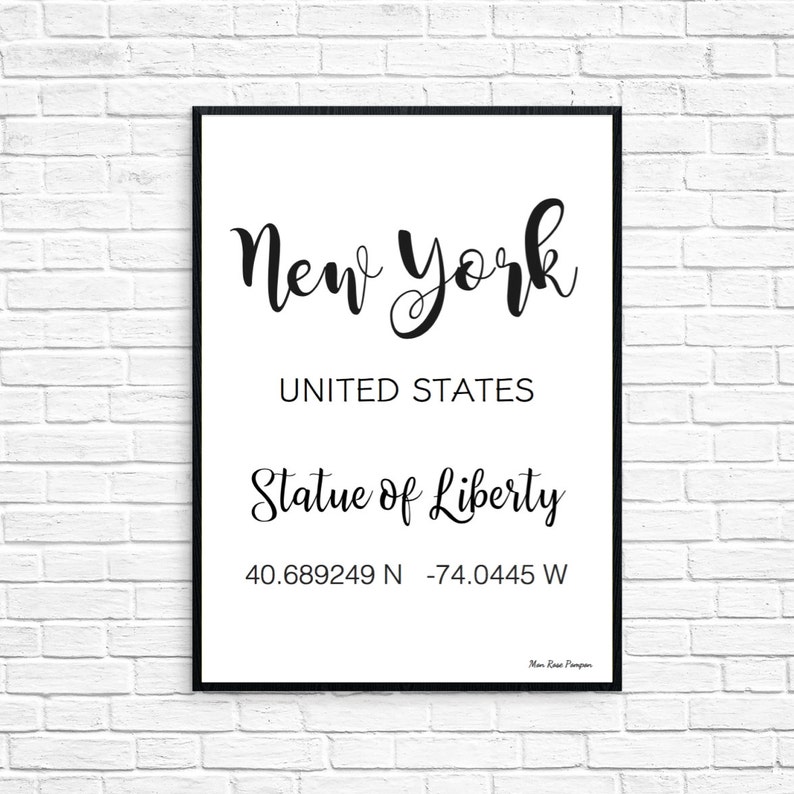 GPS New York coordinates GPS art print Latitude longitude Etsy