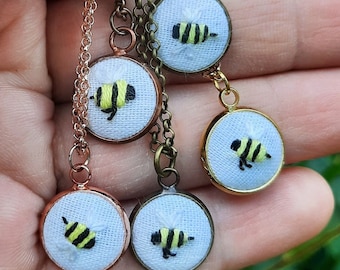 Tiny Bee Necklace, Embroidered Bee, Bumble Bee Embroidery, Mini Bee Jewelry,  Nature Lovers Gift For Her, Save The Bees