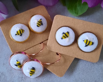 Embroidered Bee Earrings: Hand-Stitched Bumble Bee Dangle or Stud