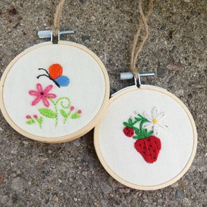 Embroidered Hoop Art Ornament: Vintage Butterfly or Strawberry Crewelwork
