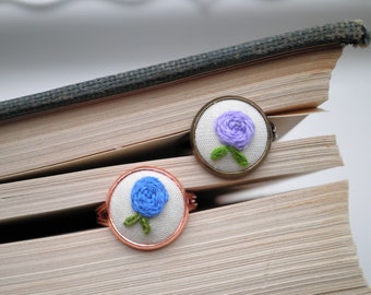 Embroidered Rose Ring: Boho Floral Fiber Art Jewelry