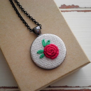 Classic Red Rose Flower Embroidery Necklace - Single Embroidered Rose Pendant