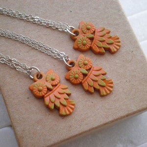 Woodland Owl Charm Necklace - Modern Rustic Miniature Owl Nature Jewelry Gift - Tiny Orange & Green Owl / Bird / Animal Totem Layering Charm