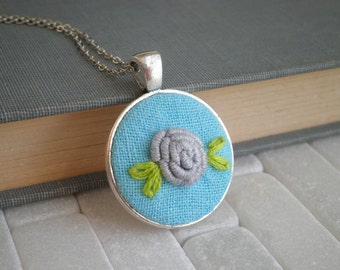 Embroidered Grey Rose Necklace  Smoke Gray Floral Embroidery Necklace - Fiber Art Rosette Nature Jewelry - Fabric Rose Holiday Necklace Gift