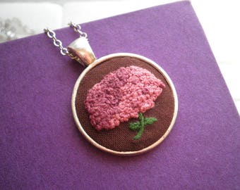 Embroidered Necklace - Mauve Hydrangea Embroidery Necklace - Pink Flower Fiber Art Nature Jewelry Retro Secret Garden Floral Bohemian Gift