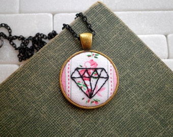 Black Diamond Necklace - Diamond Outline Embroidery Necklace - Embroidered Diamond Necklace