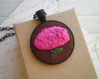 Pink Hydrangea Embroidered Layering Necklace - Embroidery Flower Fiber Art Stacking Necklace - Pink Floral Foliage Boho Jewelry Gift For Her