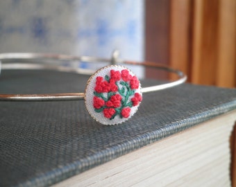 Embroidered Flowers Cuff Bangle Bracelet - Floral Cuff Bracelet - Red Poppies Bangle Bracelet - Red Flower Stackable Bracelet Gift For Her