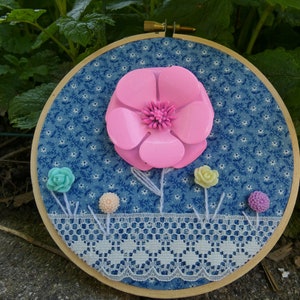 Pink Flower Hoop Art, Floral Mixed Media Home Decor Wall Hanging, Upcycled Eco Friendly Living Room Wall Decor, OOAK Garden Lovers Gift
