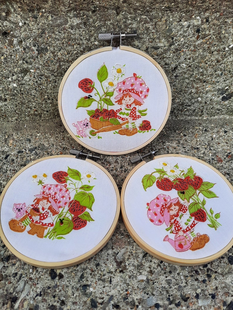 Vintage Strawberry Shortcake Embroidery Hoop Art Made To Order Upcycled Retro Strawberry Shortcake Wall Hanging Cartoon Art Home Decor Gift image 10
