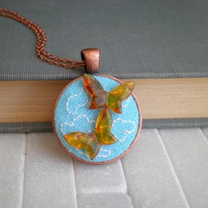 Butterfly Necklace - Cloud Embroidery Sky Necklace - Embroidered Clouds & Fluttering Butterflies Necklace, Fiber Art Nature Jewelry Gift