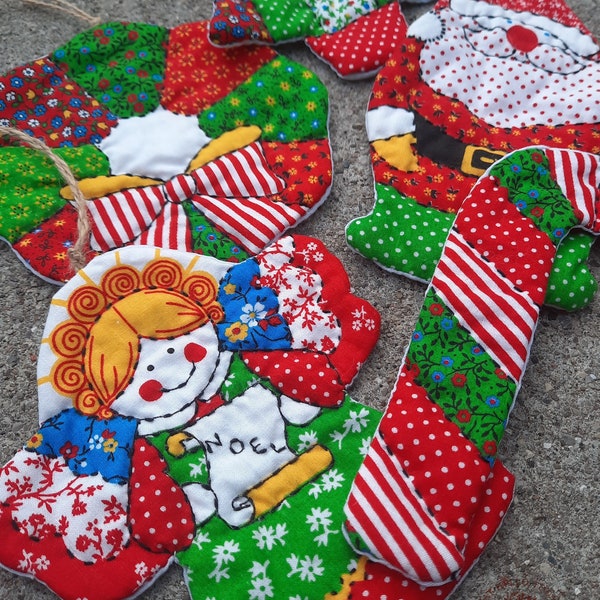 Vintage Quilted Christmas Ornaments - Spring Mills Fabric Panel Ornaments - Handmade - 1970's - Patchwork - Christmas Tree Ornaments