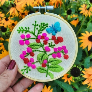 Vintage Crewel Embroidery with Butterfly. Embroidered Floral Hoop Wall Art. Neon Flower Art. Wildflower Garden Art.  Vintage Home Decor